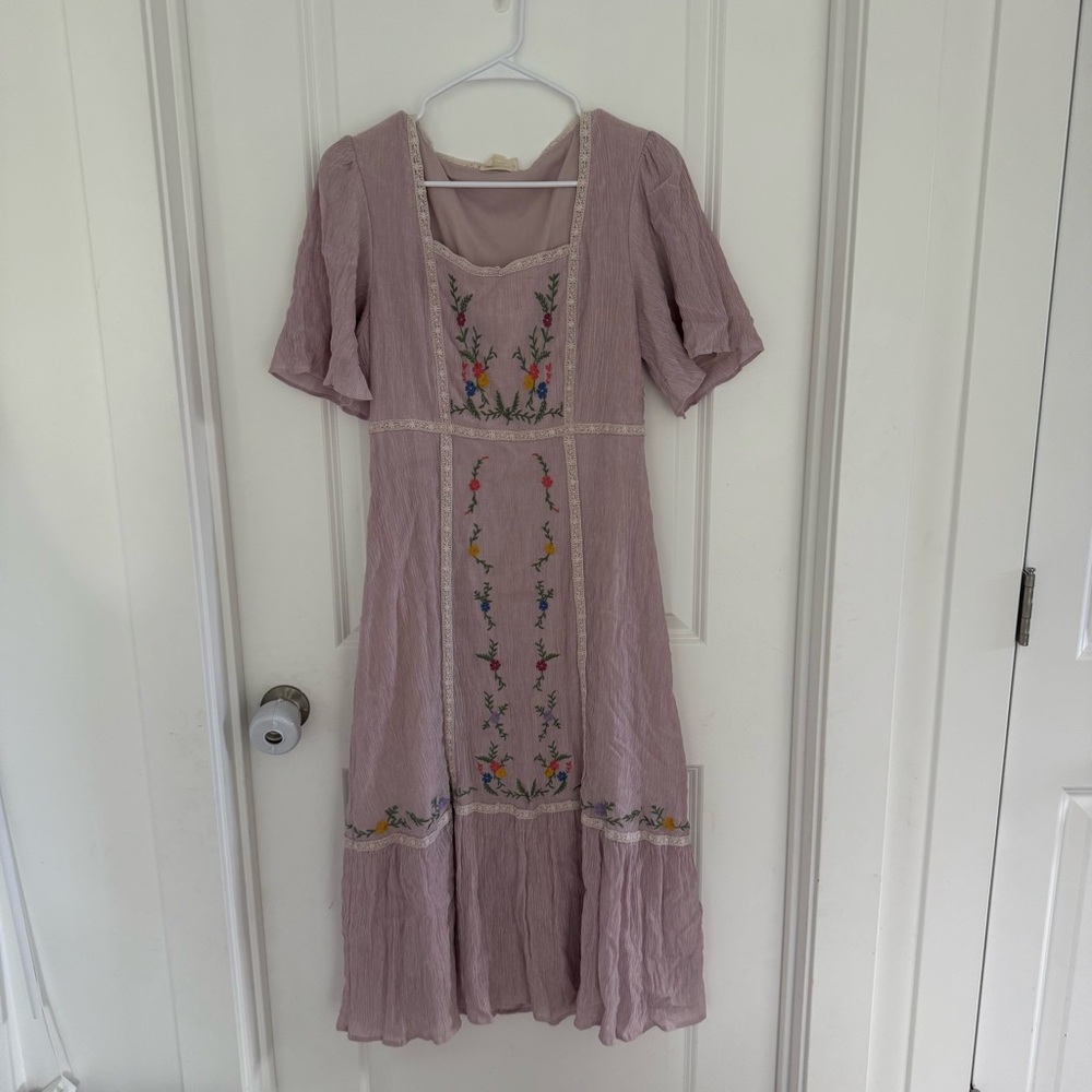 Boho Embroidered Mauve Cotton Dress